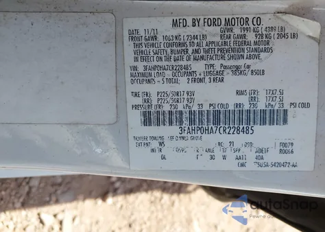 2012 Ford Fusion Se from USA, damaged, VIN 3FAHP0HA7CR228485